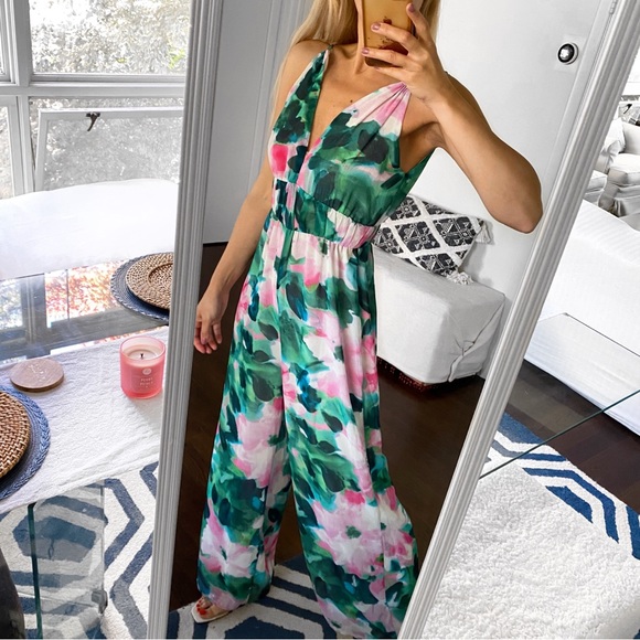 🦚 ZARA BOHO GREEN PINK MULTI FLORAL WIDE LEG JUMPSUIT! - Picture 3 of 16